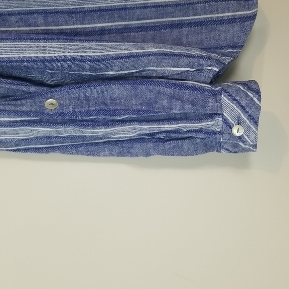 COOPER & EMMA Blue White Striped Linen Rayon Roll Tab Shirt Blouse with Pocket - Picture 6 of 12